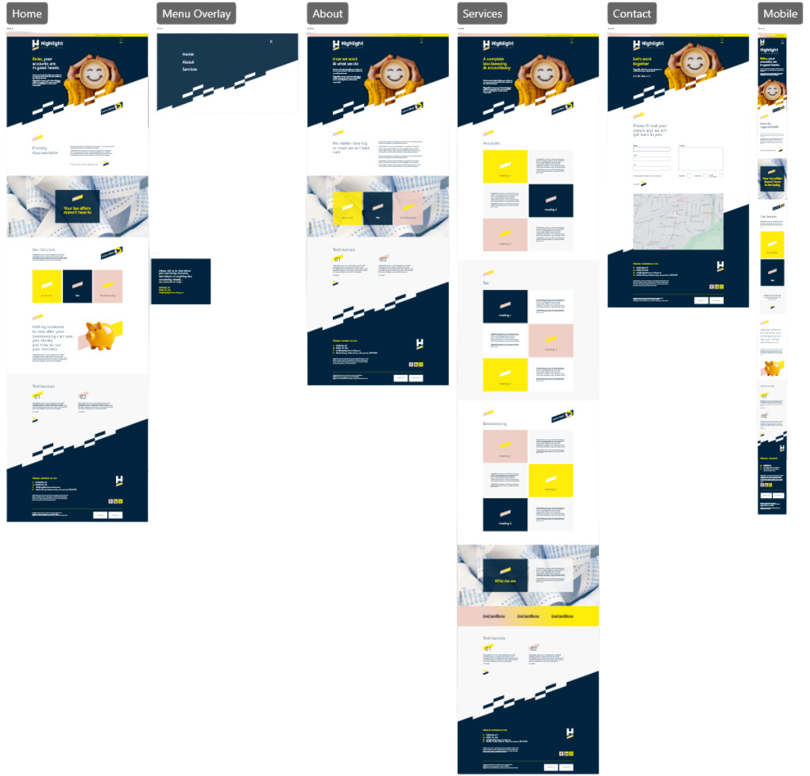 Highlight Accounting - A screenshot of the XD design file showing the layout of the proposed website designs for Highlight Accounting