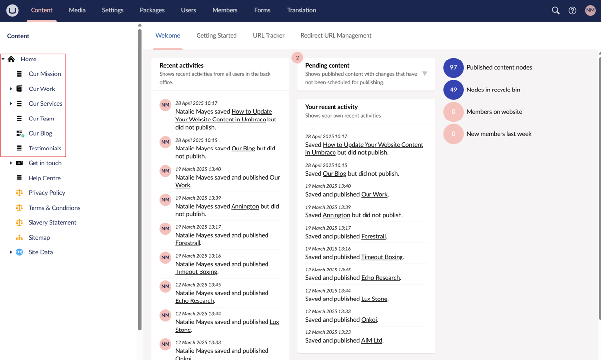 Screenshot of the Umbraco homepage