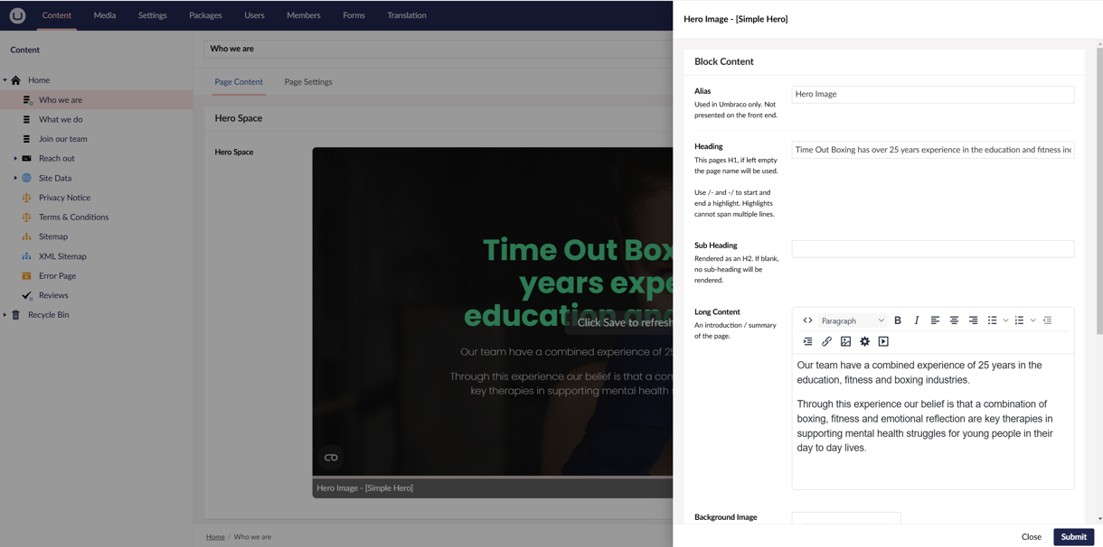 Timeout - A screenshot of the Timeout Boxing Umbraco Back End editor