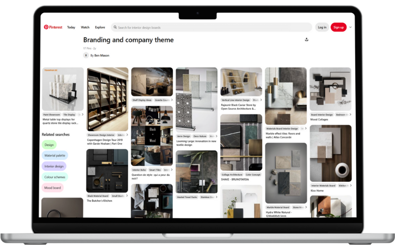 Lux Stone - A laptop showing a Pinterest board of design ideas of shapes, colours and textures curated by the client