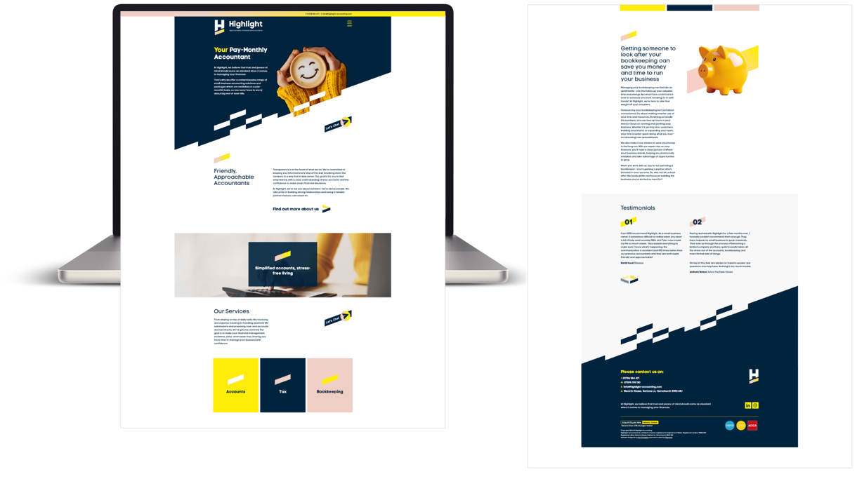 Highlight Accounting - An open laptop with a screenshot of the new Highlight Accounting website flowing off the screen and over the keyboard and on to a separate page next to it