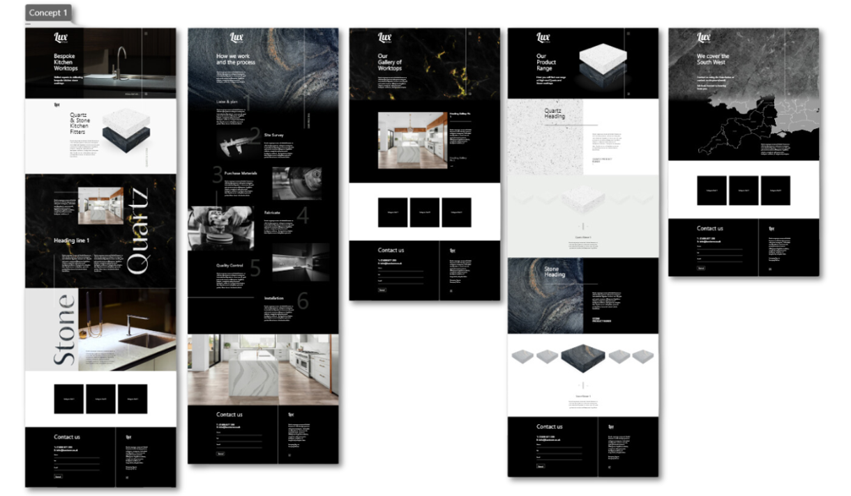 Lux Stone - A screenshot of the XD design file showing the layout of the proposed website designs for Lux Stone