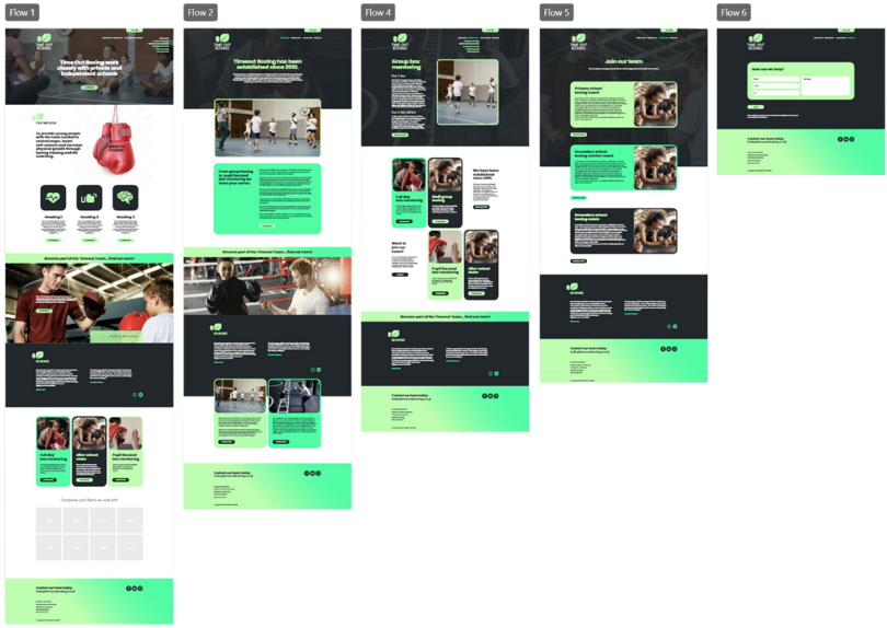 Timeout - A screenshot of the XD design file showing the layout of the proposed website designs for Timeout Boxing