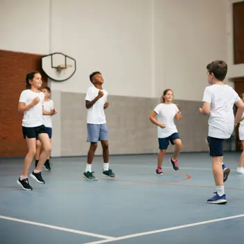 Timeout - A group of school kids running on a spot in a school gym lead by a teacher (right)