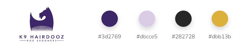 K9 Hairdooz - Branding showing logo and colour palette of purples and yellows