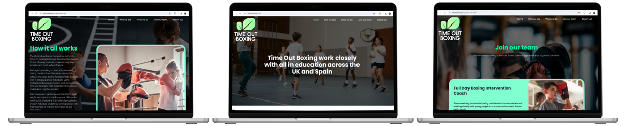 Timeout - A trio of laptops with each one displaying a different screenshot of the new Timeout Boxing website