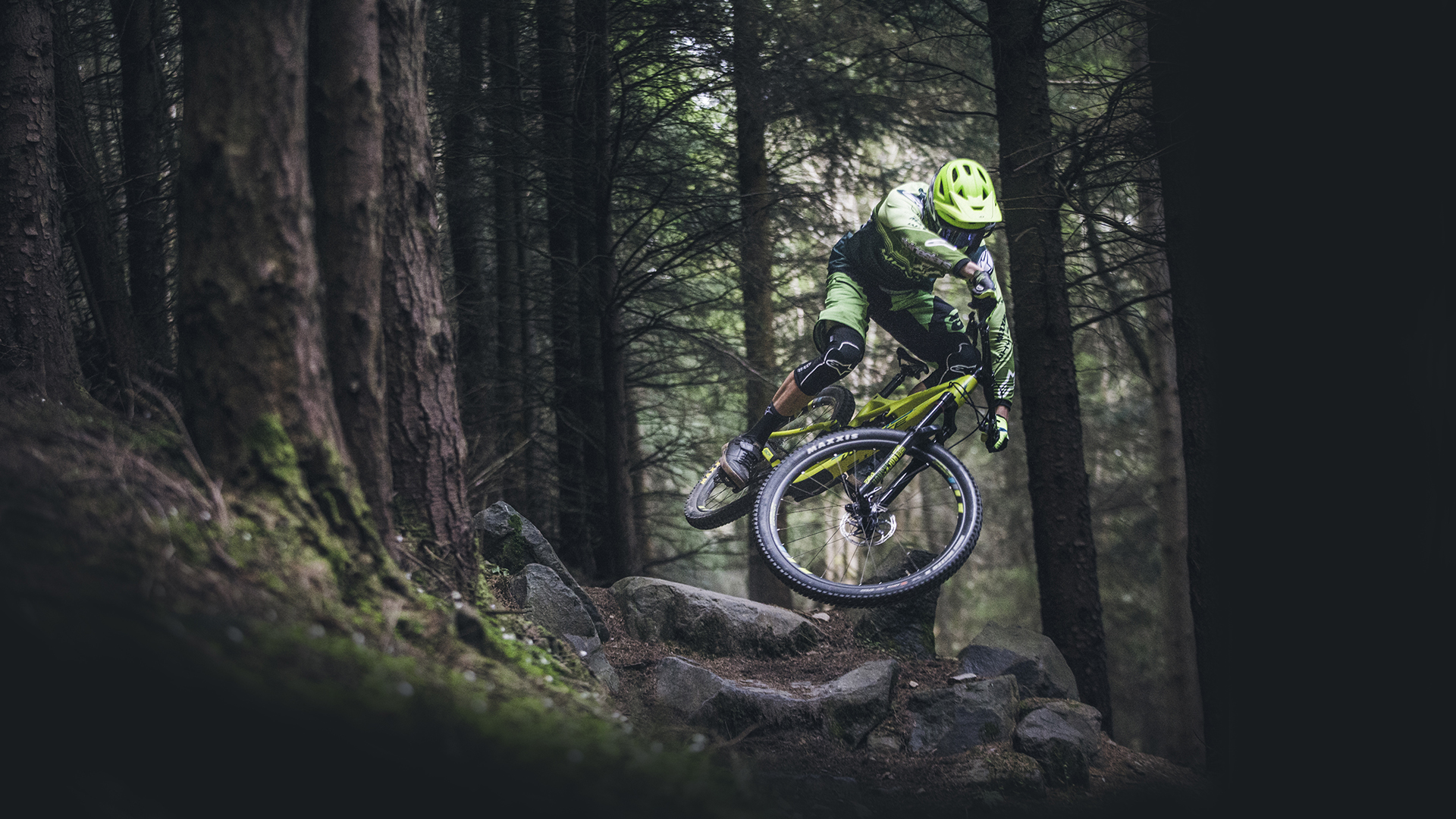 Bike Style - Graphic showing mountain biker jumping over rocks doing a trick in a dark wooded forest (1)