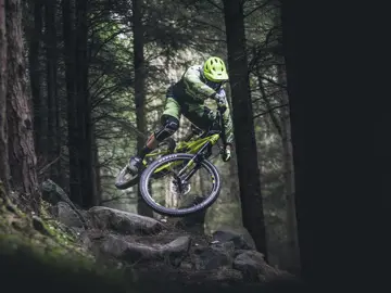 Bike Style - Graphic showing mountain biker jumping over rocks doing a trick in a dark wooded forest (1)