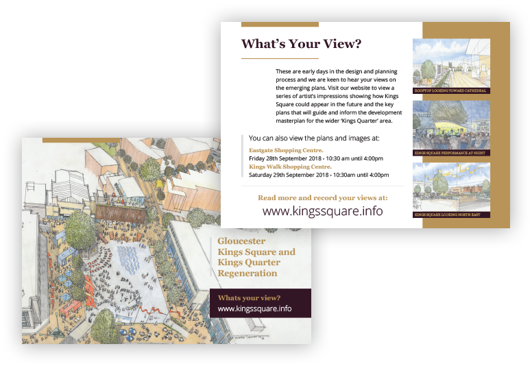 Example of an A5 mailer used to drive traffic to the Kings Square website