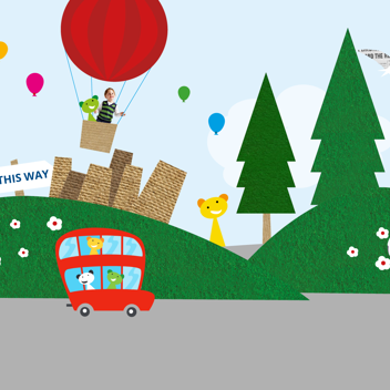 Redbus Nursery - Zoomed in section of hero image showing a bright red bus moving along a cartoon road with large rolling green hills and a photo of a girl kicking a football