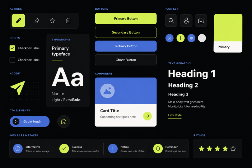 Modern dark-themed UI design system board using mohunky brand colours and Nunito typography, featuring buttons, typography styles, icons, cards, checkboxes, alerts, ratings, and reusable interface components arranged in a clean modular layout.