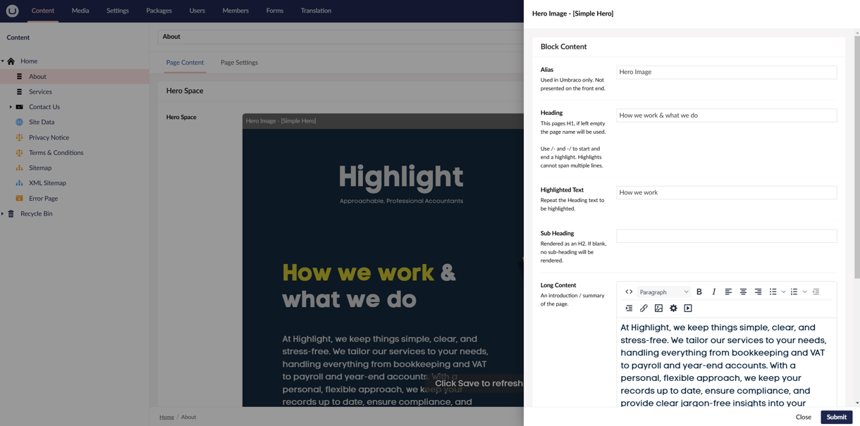 Highlight Accounting - A screenshot of the Highlight Accounting Umbraco Back End editor