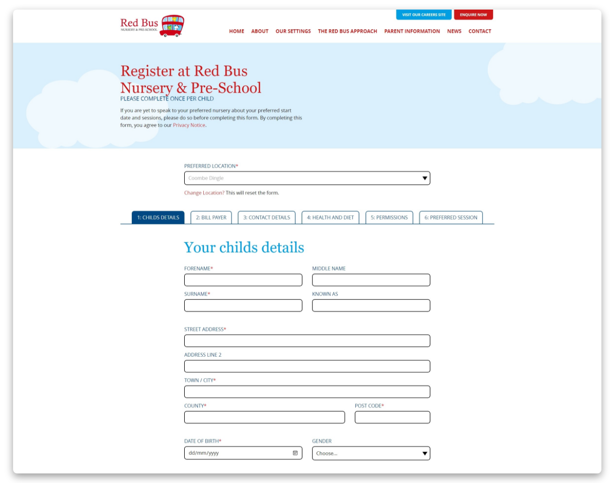 Red Bus Nursery - Screenshot of an extensive child registration page with multiple input fields