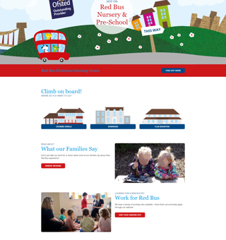 Redbus Nursery - Screenshot of main homepage created by mohunky creative team with a bright red bus moving along a cartoon road with large rolling green hills (1)