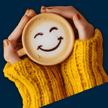 Highlight Accounting - Frothy mug of coffee with a smile detail in the foam held in a ladies hands with a yellow jumper pulled all the way to her palms