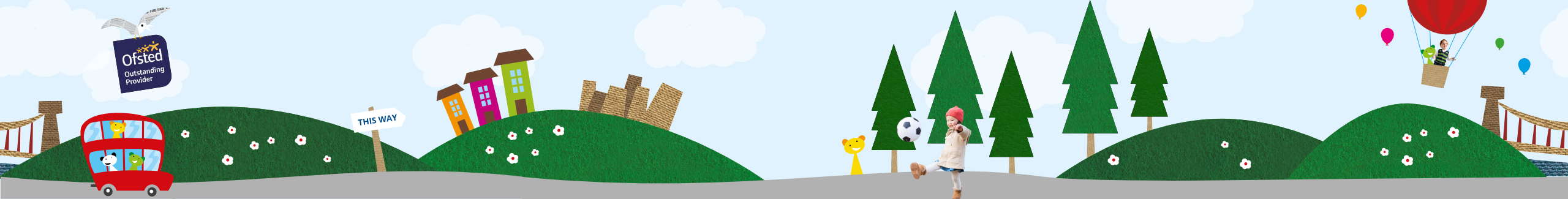 Redbus Nursery - Screenshot of main homepage created by mohunky creative team with a bright red bus moving along a cartoon road with large rolling green hills (2)