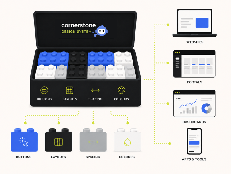 Illustration of the Cornerstone design system as a modular “box of building blocks”, showing reusable UI foundations like buttons, layouts, spacing, and colours powering websites, portals, dashboards, and apps from one shared system.