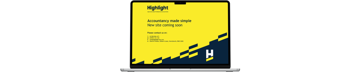 Highlight Accounting - A single laptop showing a holding page with contact details designed for Highlight Accountancy with bold yellow and dark navy design