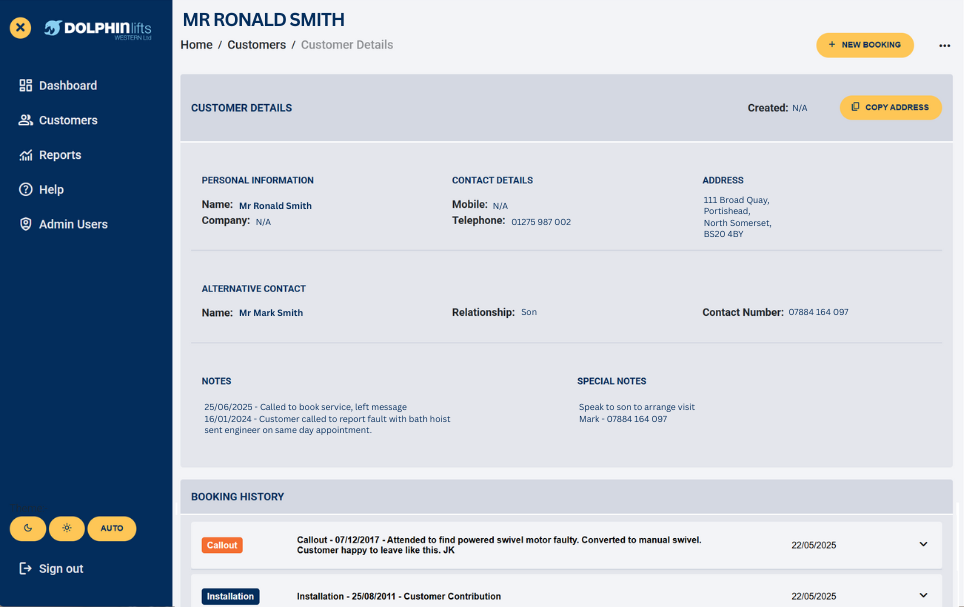 Doplhin Lifts Dashboard Customer View