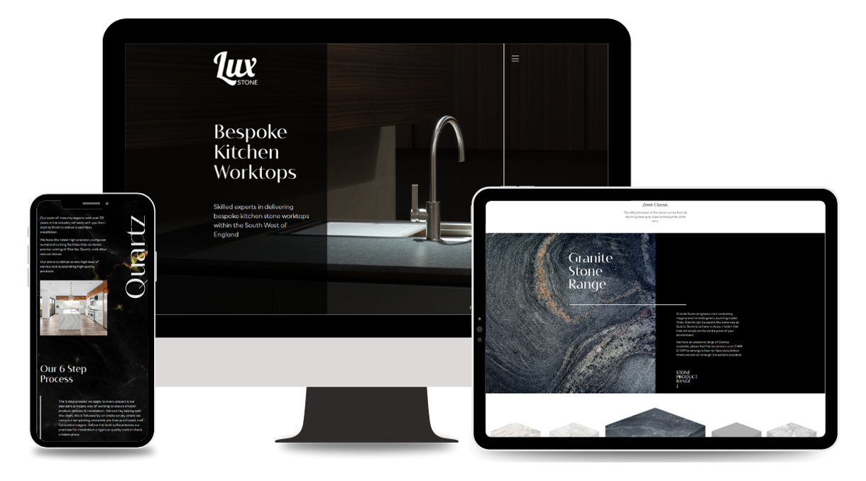 Lux Stone - A trio of different digital devices with each one displaying a different screenshot of the new Lux Stone website