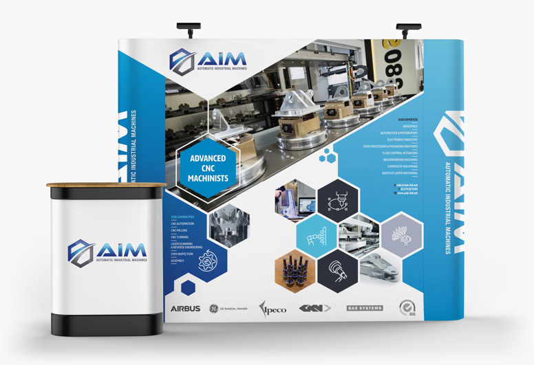 Mock up of the AIM exhibition pop up stand.